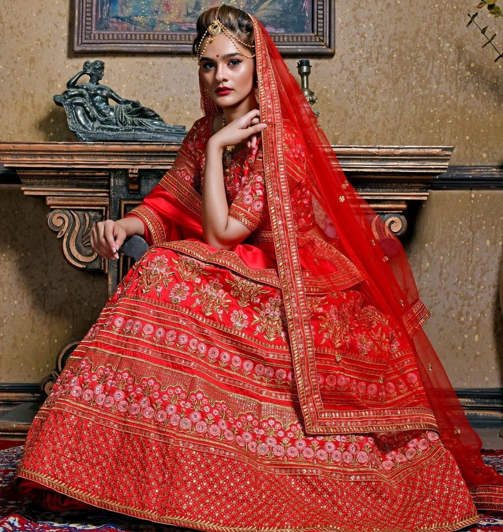 Red silk heavy designer embroidered bridal lehenga choli