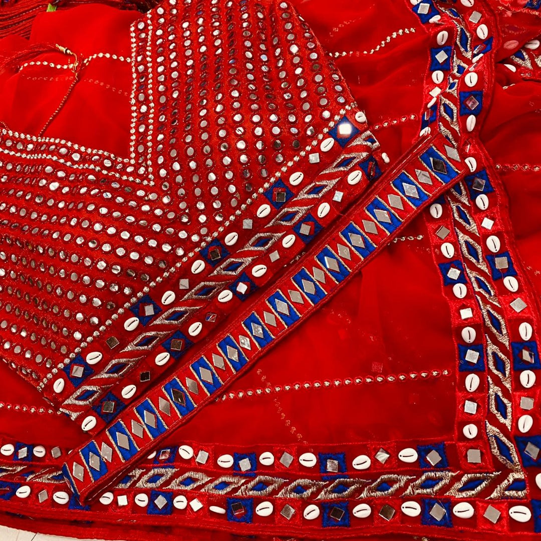 Red soft georgette embroidered mirror kodi work traditional saree