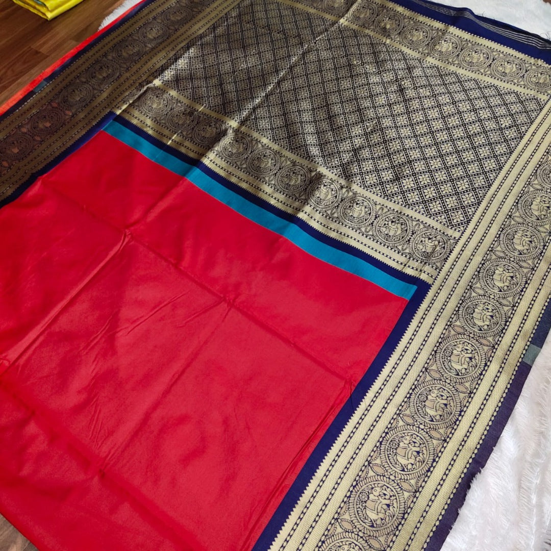 Red soft lichi silk jacquard weaving work party wear saree
