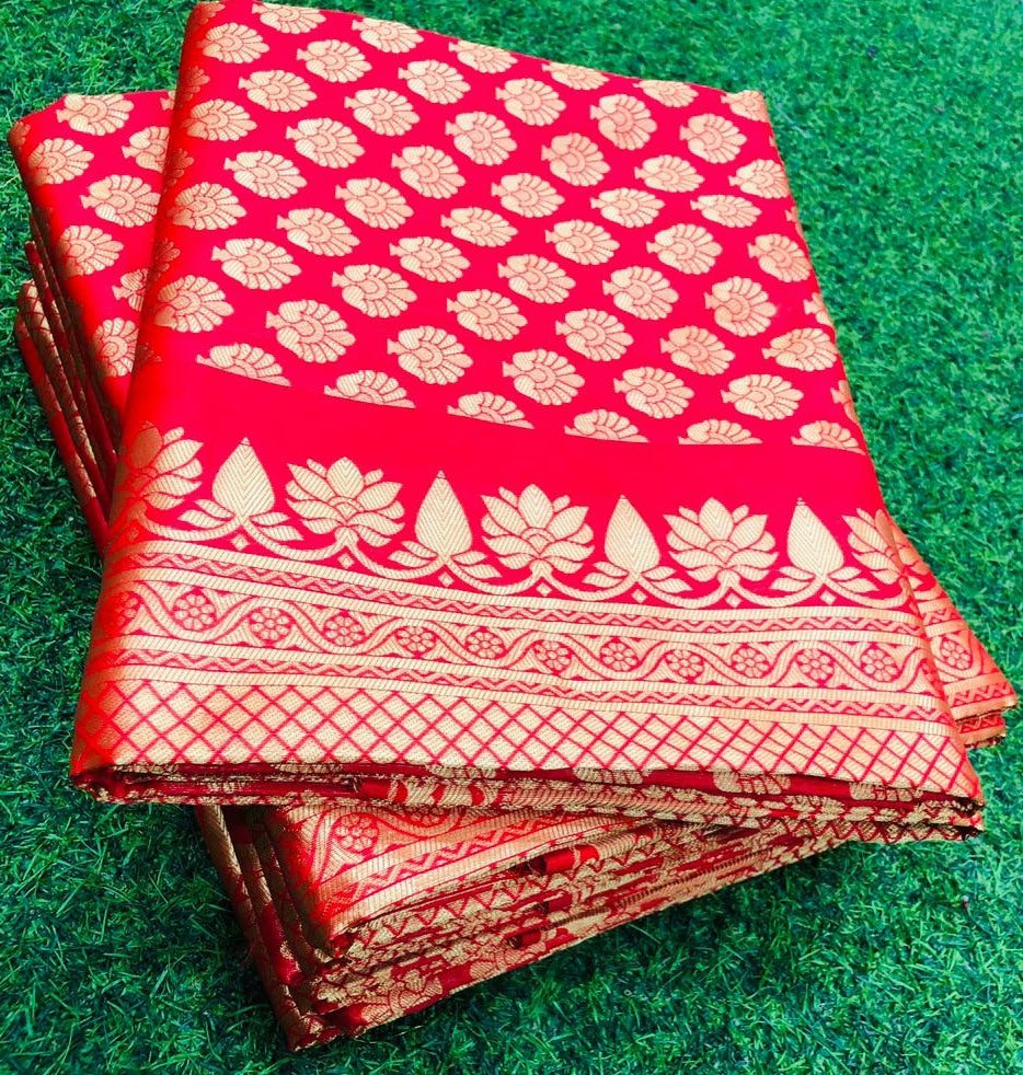 Red soft lichi silk jacquard weaving work party wear saree