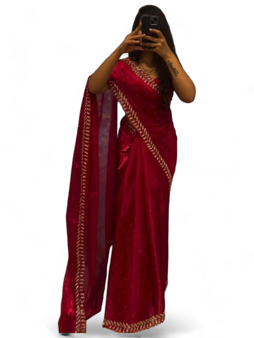 Red stylish fancy party wear saree