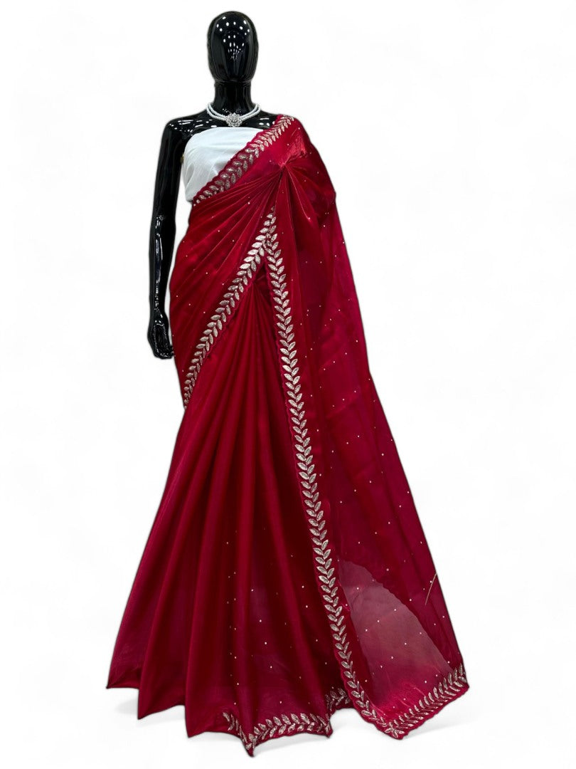 Red stylish fancy party wear saree