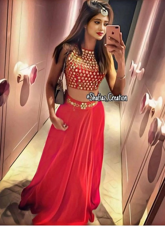 Red tapeta silk partywear lehenga with mirror work blouse