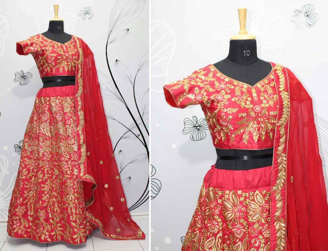 Red thai silk embroidered heavy bridal lehenga