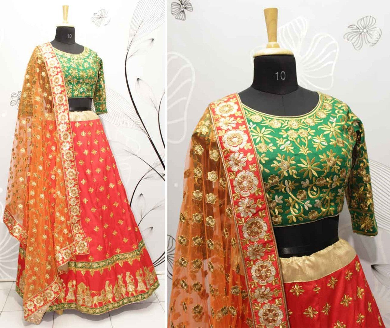 Red thai silk heavy embroidered bridal lehenga