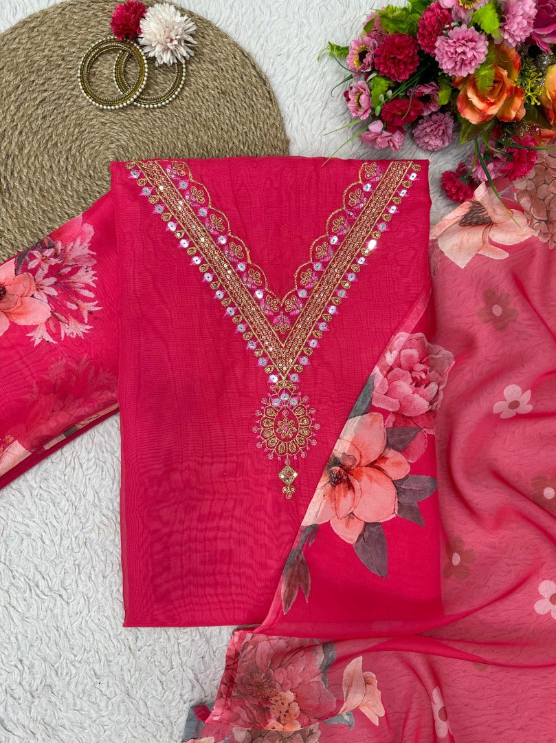 Red tibby silk unstitched salwar suit