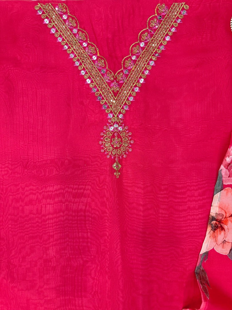 Red tibby silk unstitched salwar suit