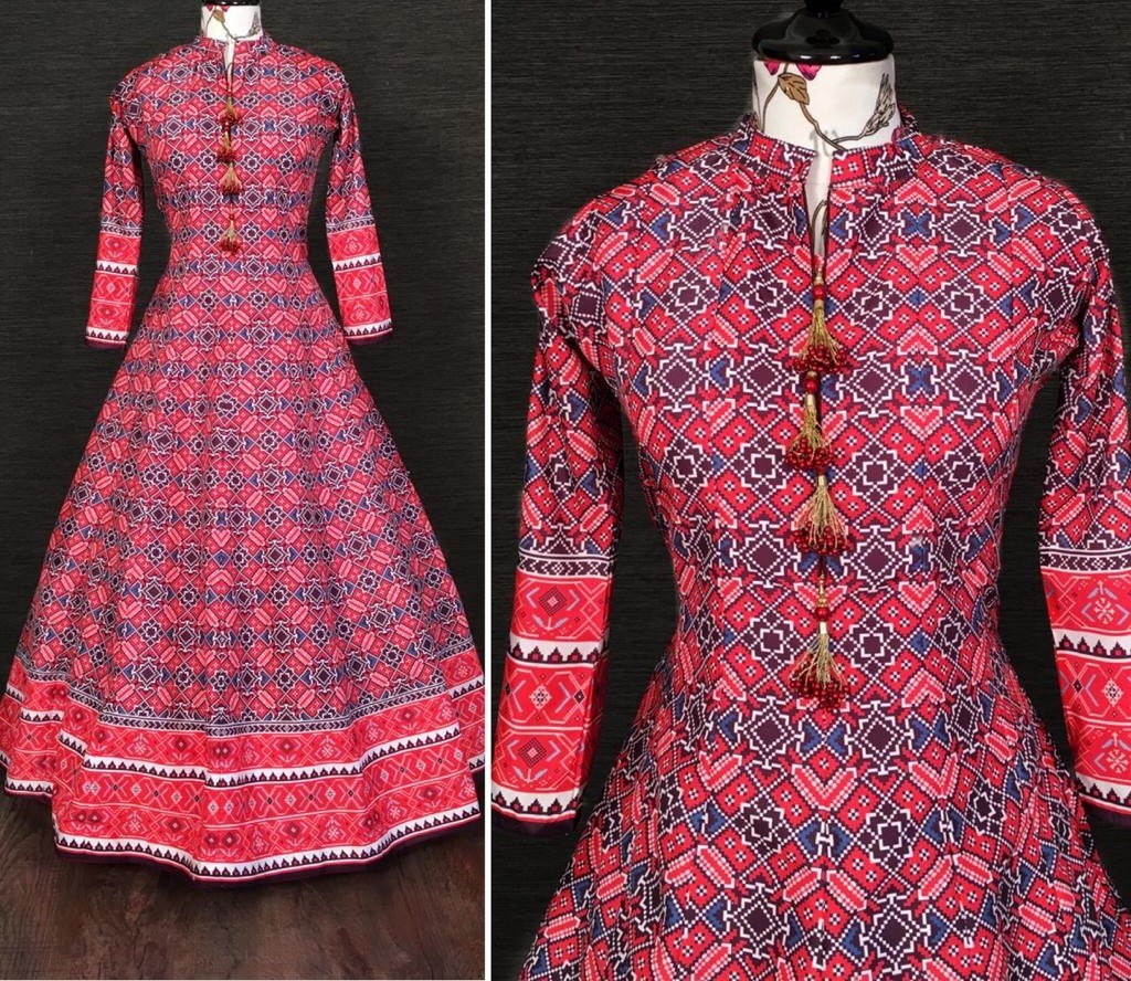 Red vaishali silk digital printed anarkali gown