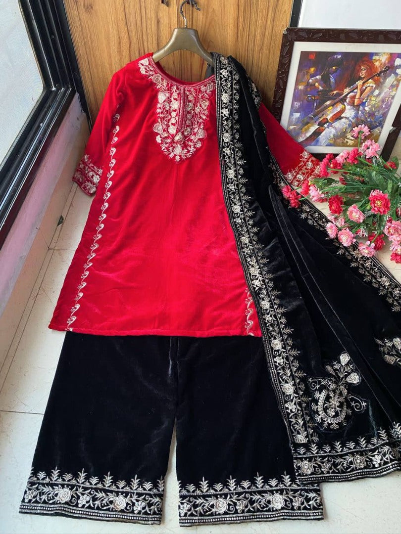 Red velvet embroidery work plazzo suit