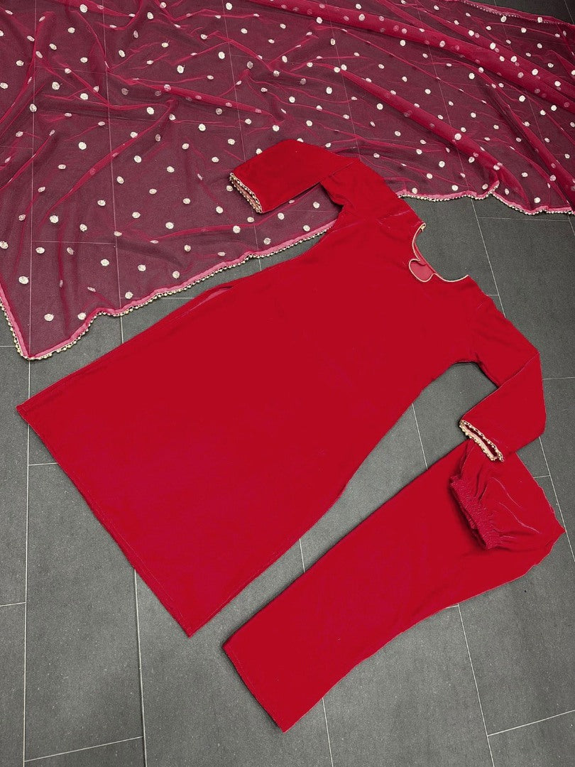 Red velvet party wear pant salwar suit