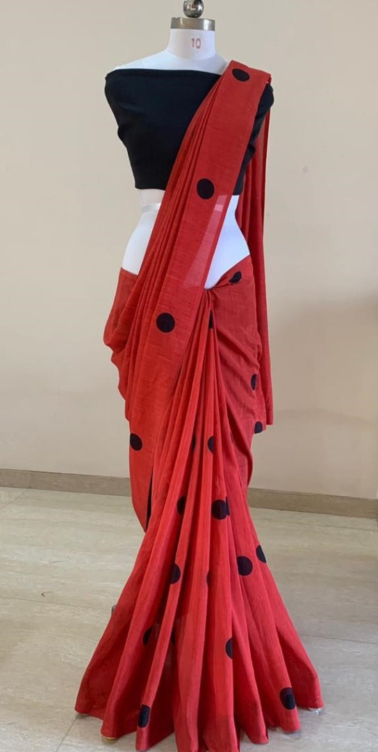Red vichitra silk dots printed saree