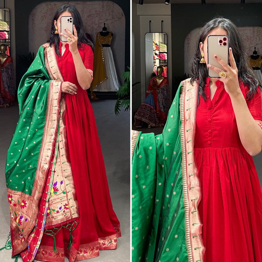 Red vichitra silk jacquard weaving work gown with paithni dupatta