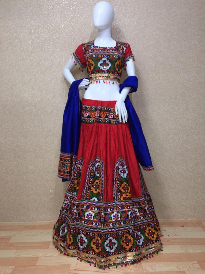 Red zoya silk multi thread worked navratri special lehenga choli