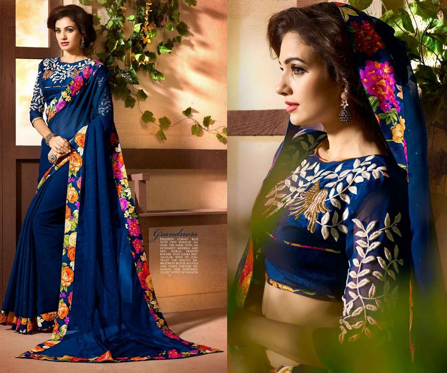 Royal Blue Colored Chinon Embroidered & Lace Bordered Saree Bordered