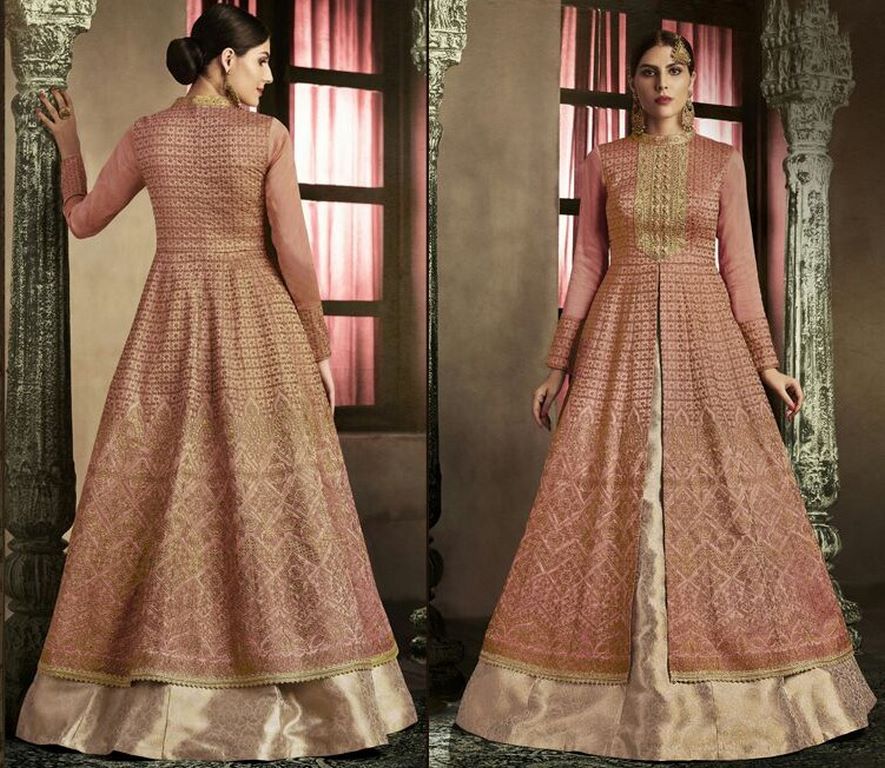 Rust Colored Slub Silk Embroidered Semi Stitched gown
