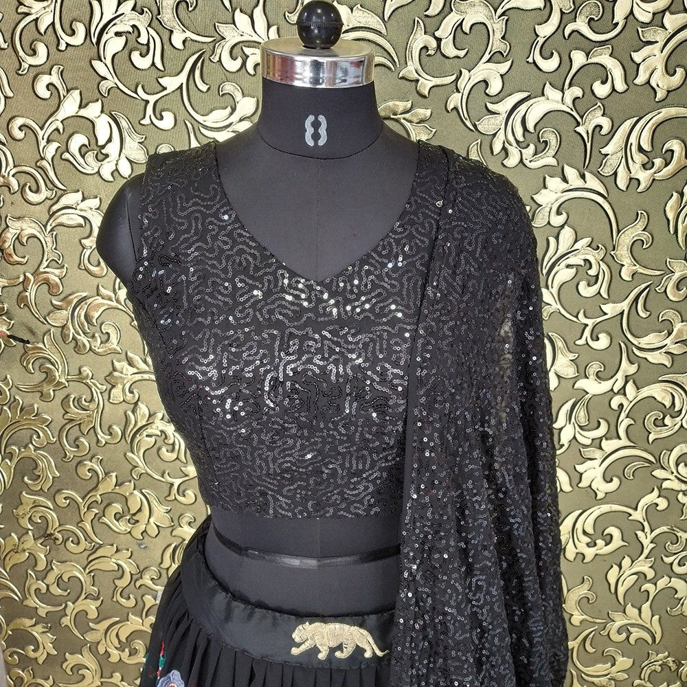 Sara ali khan black multi colored thread worked partywear lehenga choli