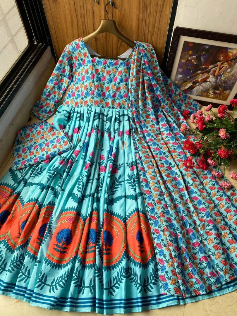 Sea green butter silk digital printed anarkali suit
