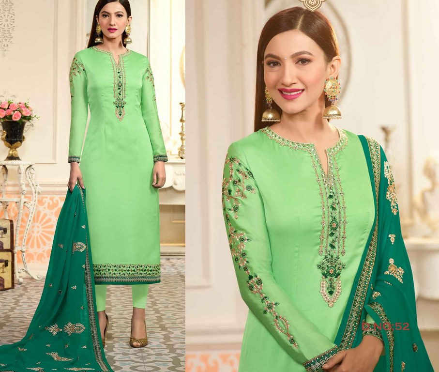 Sea Green Colored Georgette & Satin Digital Zari & Resham Embroidered Semi Stitched Salwar Suit