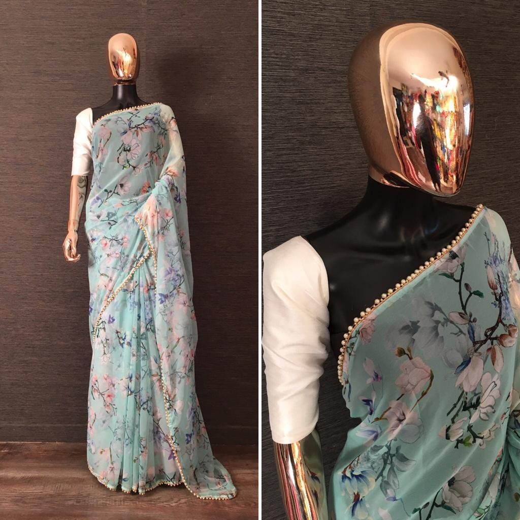 Sea green digital floral printed pearl lace saree