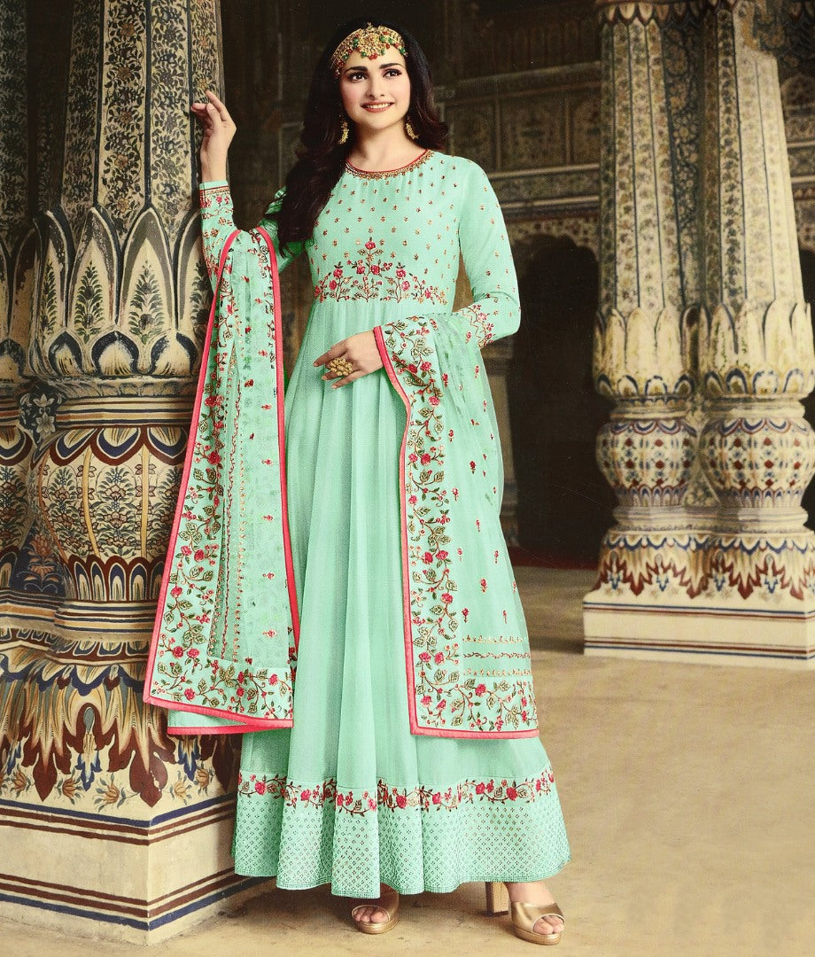 Sea green dola silk heavy embroidered designer anarkali gown