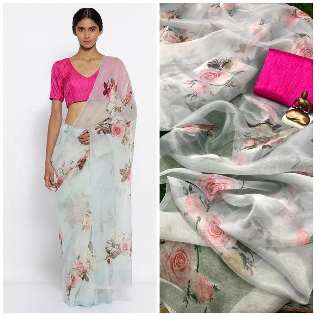 sea green floral digital printed pure orgenza saree