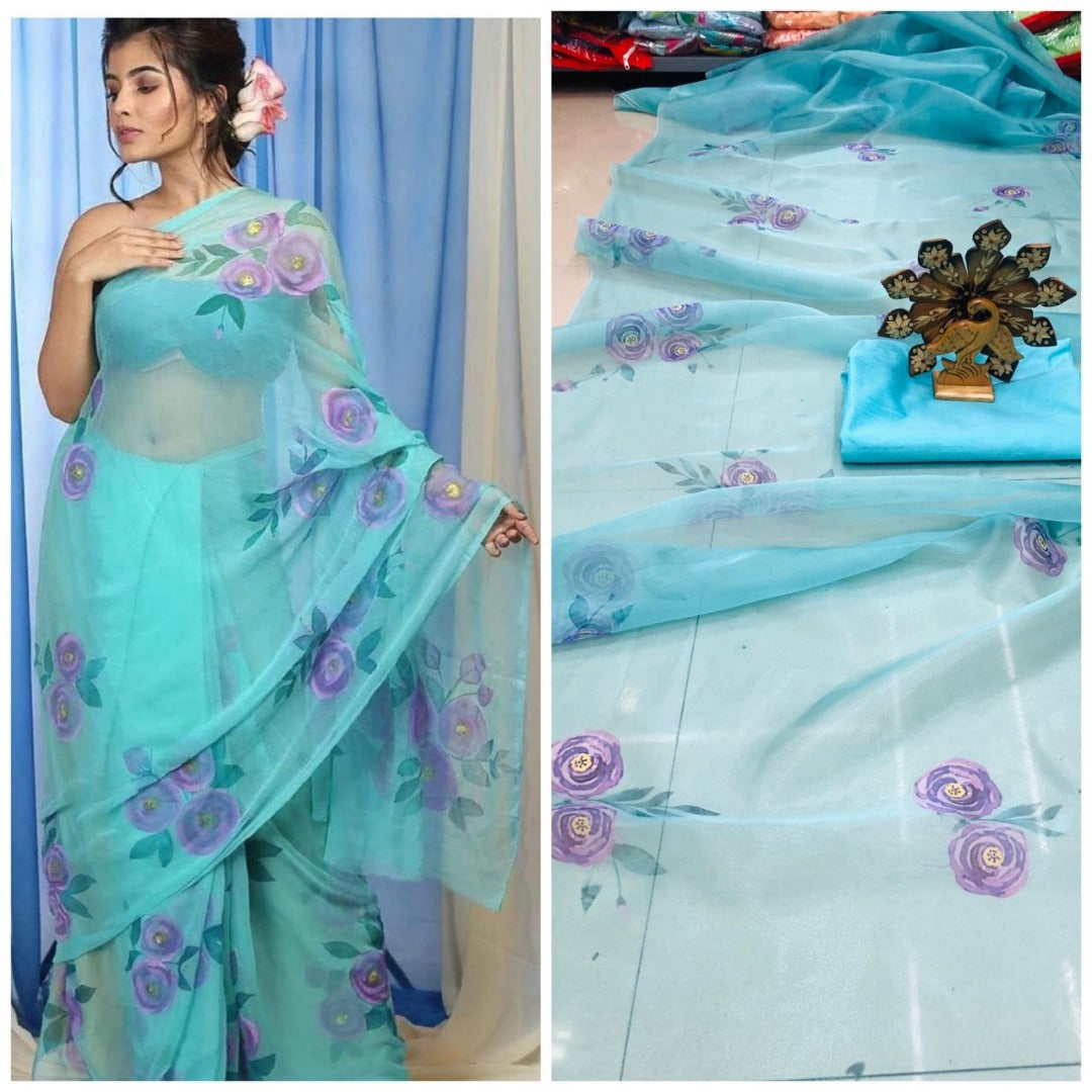 Sea green floral printed organza saree
