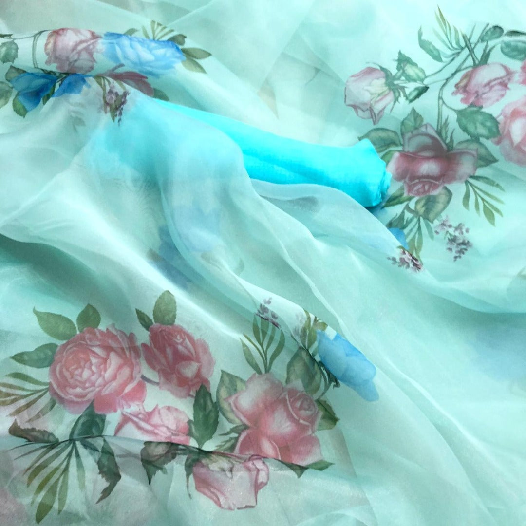 Sea green flower printed organza saree
