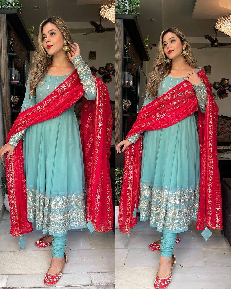 Sea green georgette embroidered anarkali suit for wedding