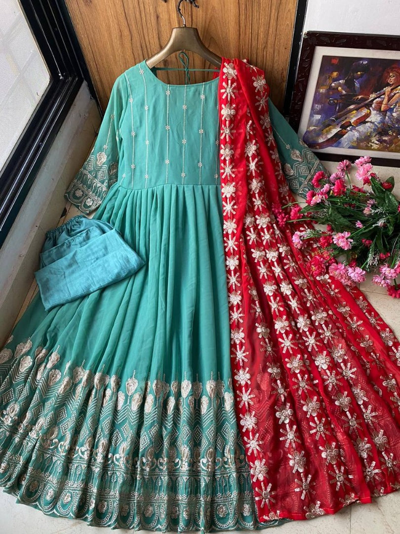 Sea green georgette embroidered anarkali suit for wedding