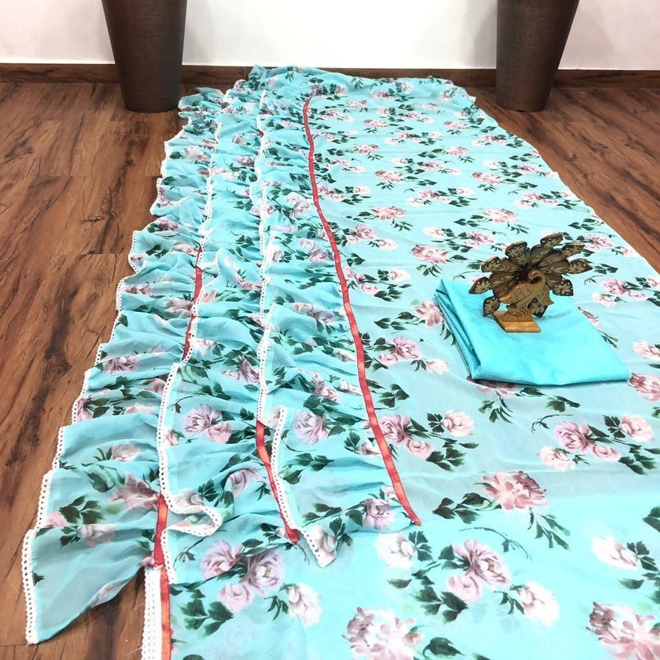 Sea green georgette floral printed ruffle saree