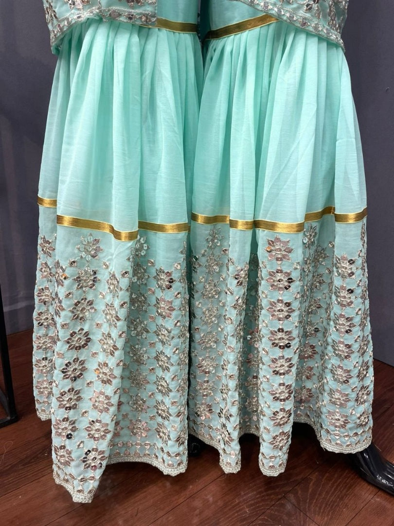 Sea green georgette heavy sequence work designer sharara suit with shrug