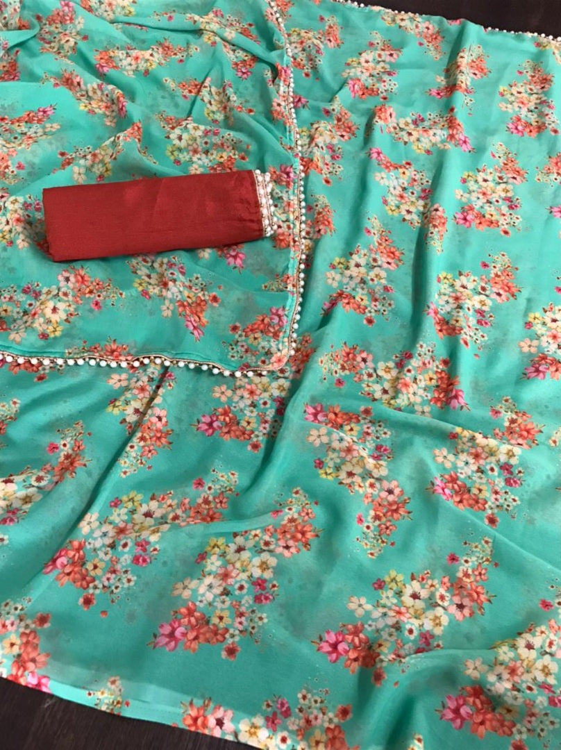 Sea green georgette pearl lace border floral printed work saree