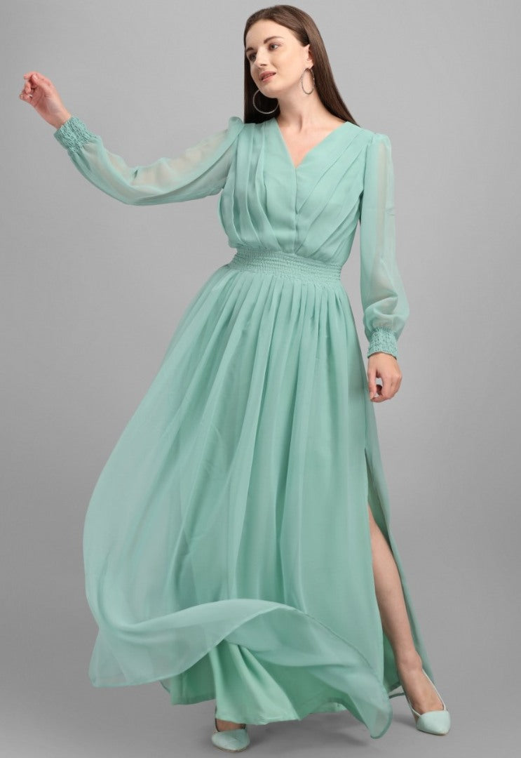Sea green georgette plain gown