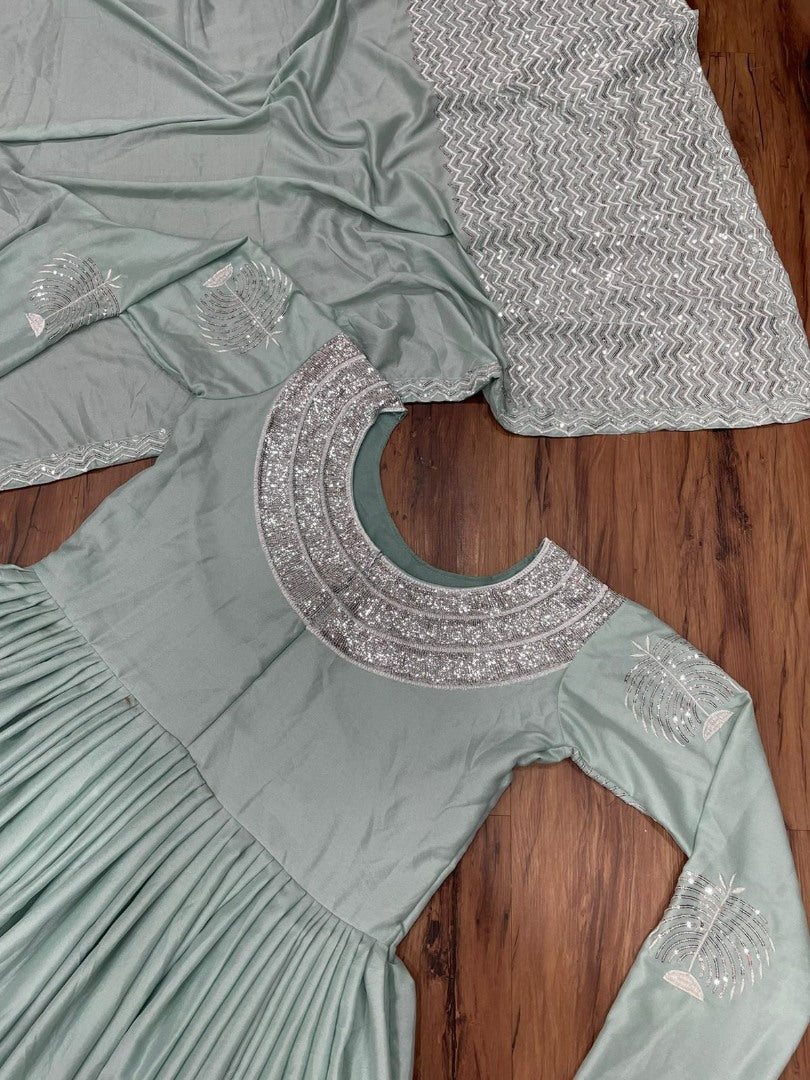 Sea green georgette silk embroidered anarkali suit