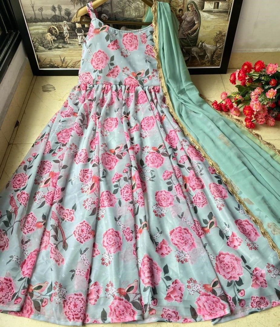Sea green heavy georgette digital printed work party wear gown