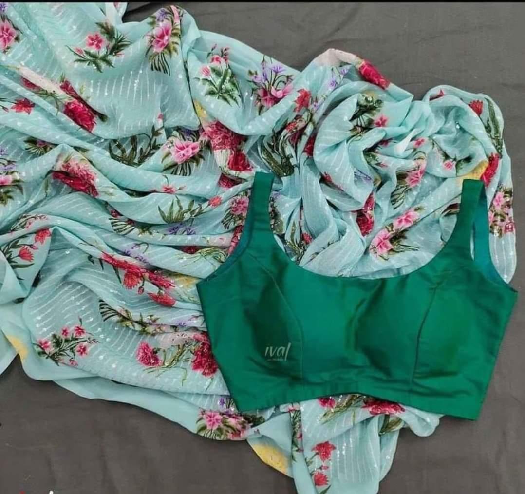 Sea green heavy moss georgette sequence flower printed saree