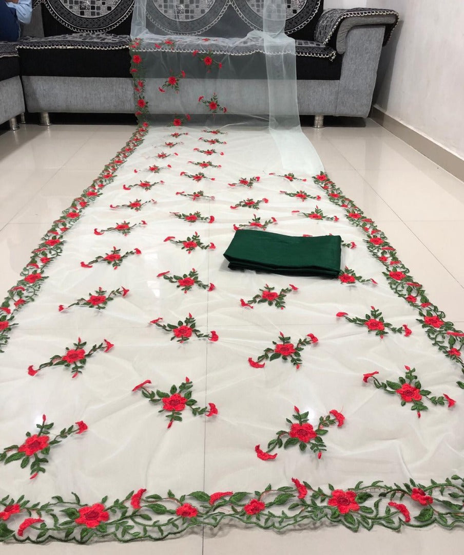 Sea green heavy net red flower embroidered saree