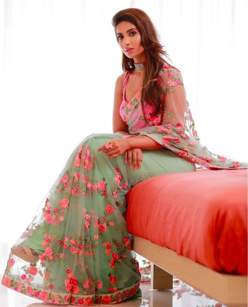 Sea green heavy nylon butterfly embroidered saree