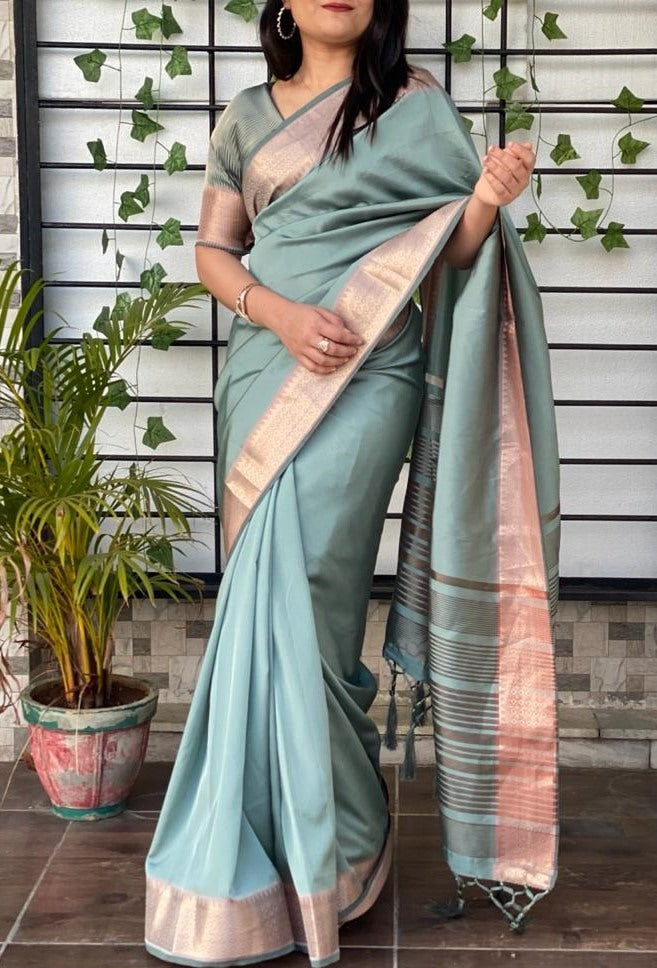 Sea green kanjivaram silk jacquard weaving work saree