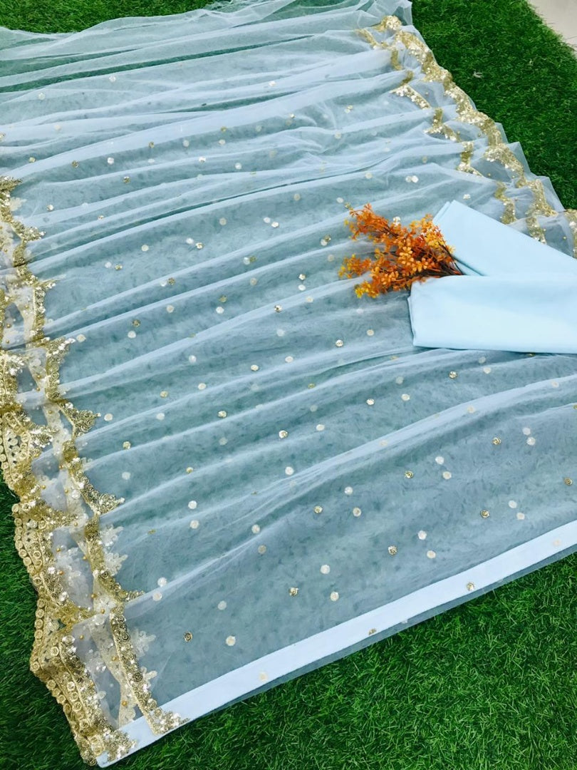 Sea green net embroidered saree