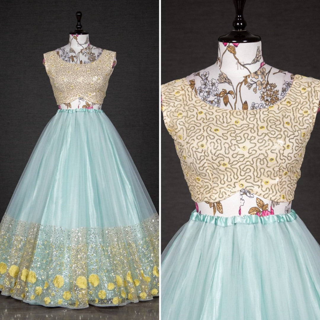 Sea green net sequins embroidered work lehenga choli
