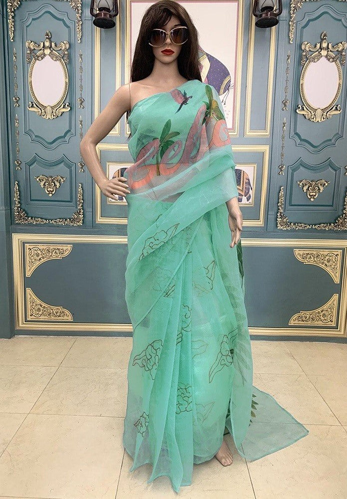 Sea green organza digital printed saree