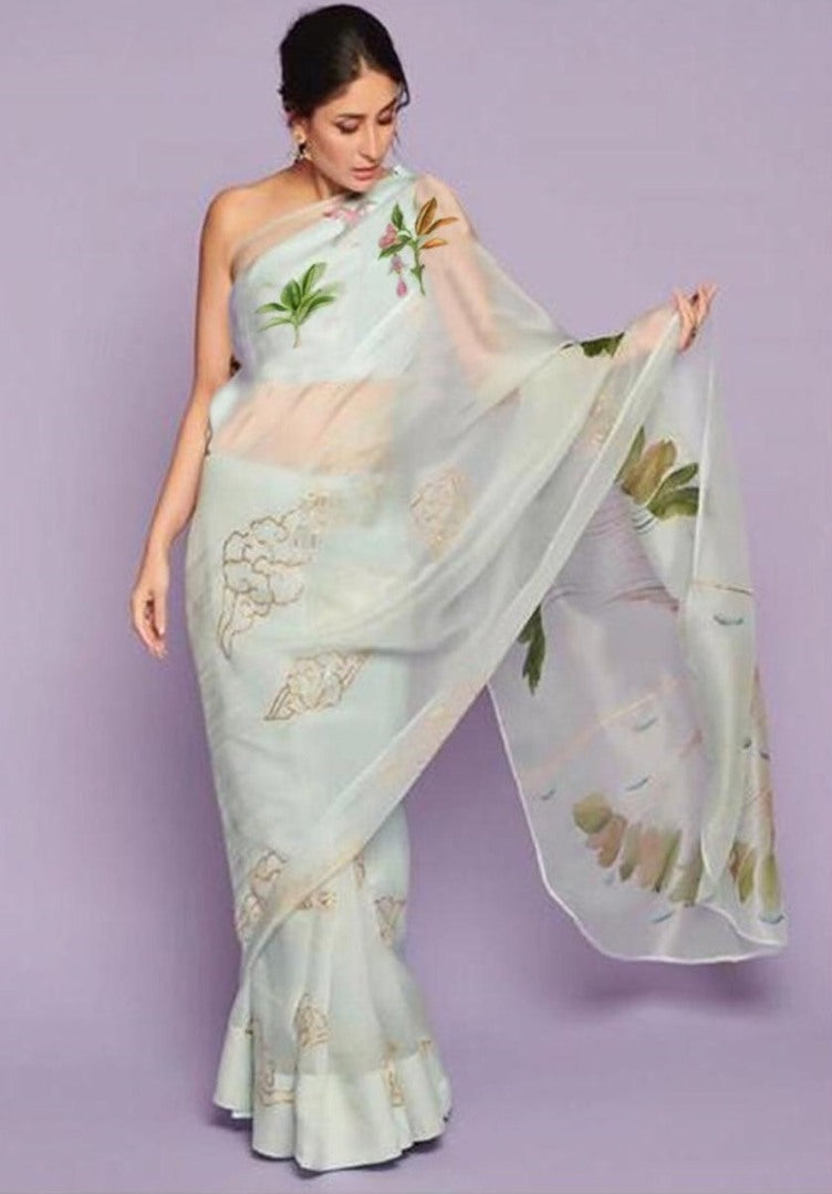 Sea green organza silk digital printed designer saree