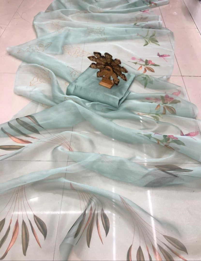 Sea green organza silk digital printed designer saree