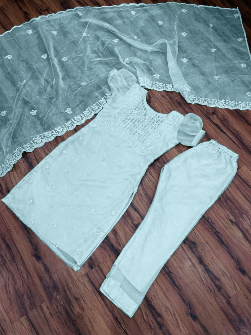 Sea green organza thread and sequence embroidered salwar suit