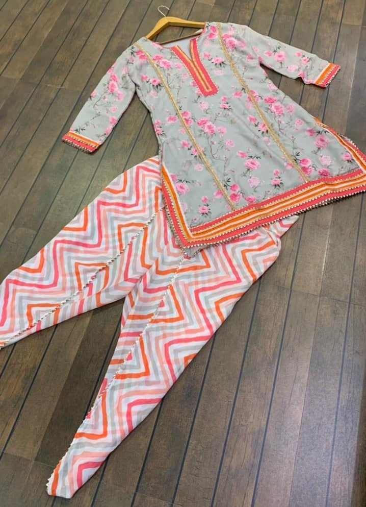 Sea green printed moss georgette dhoti suit