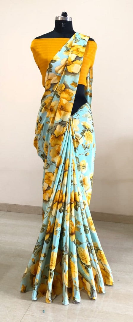 sea green silk crape yellow floral printed casual wear saree