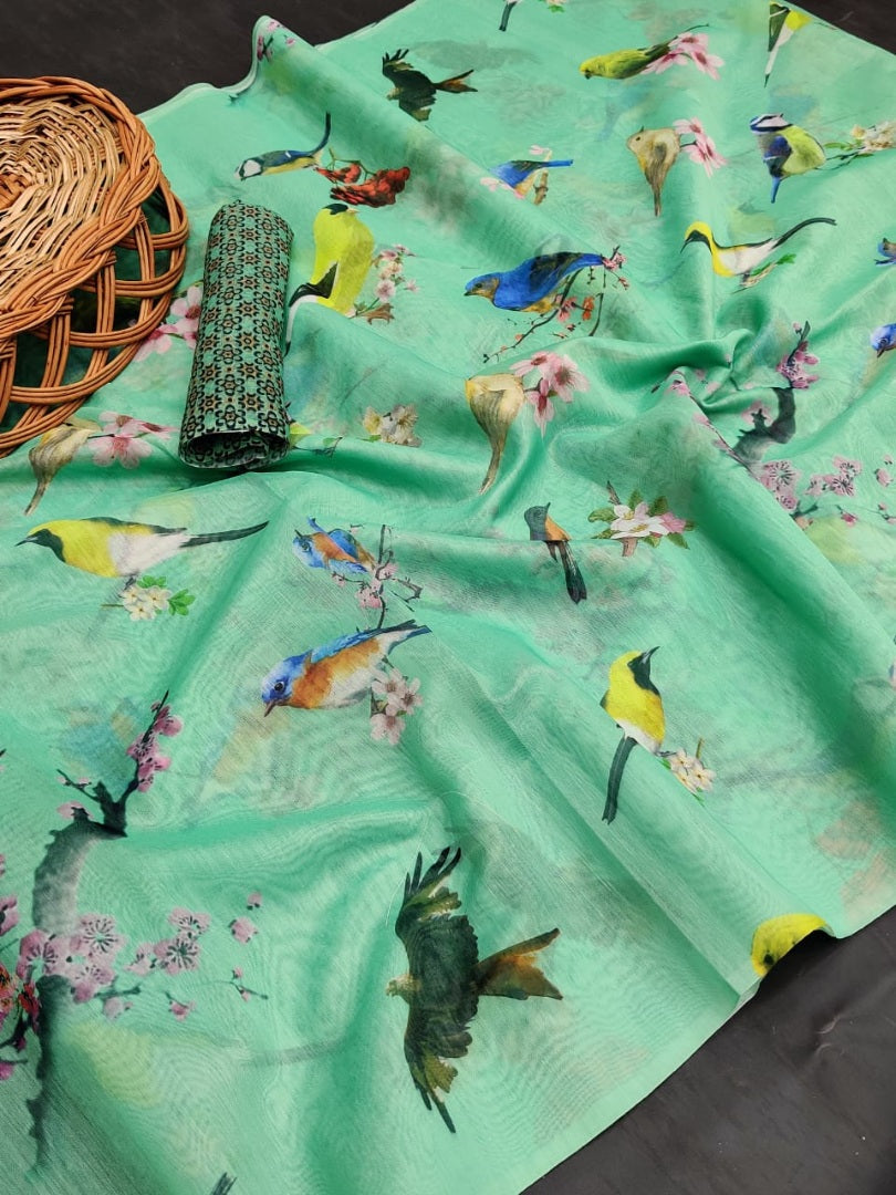 Sea green soft cotton digital bird printed work saree