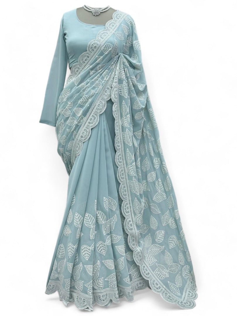 Sea green thread sequence work designer saree