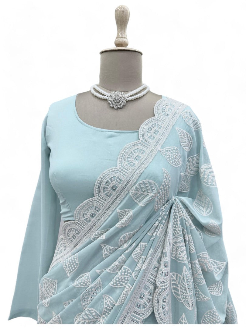 Sea green thread sequence work designer saree
